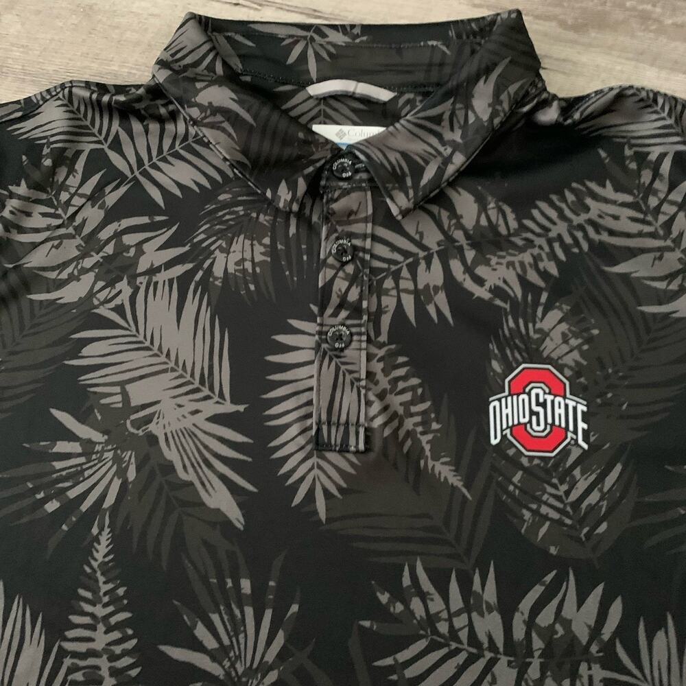 Ohio State Buckeyes Columbia PFG Polo Shirt Mens Large Floral Palm Silky XM2622